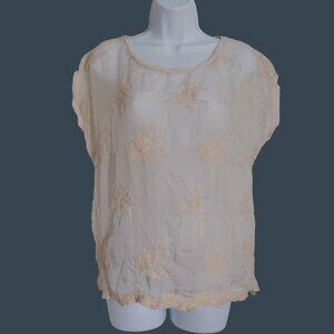 Sarah Tempest Sheer Silk Embroidered Floral Design Delicate Short Sleeve Top